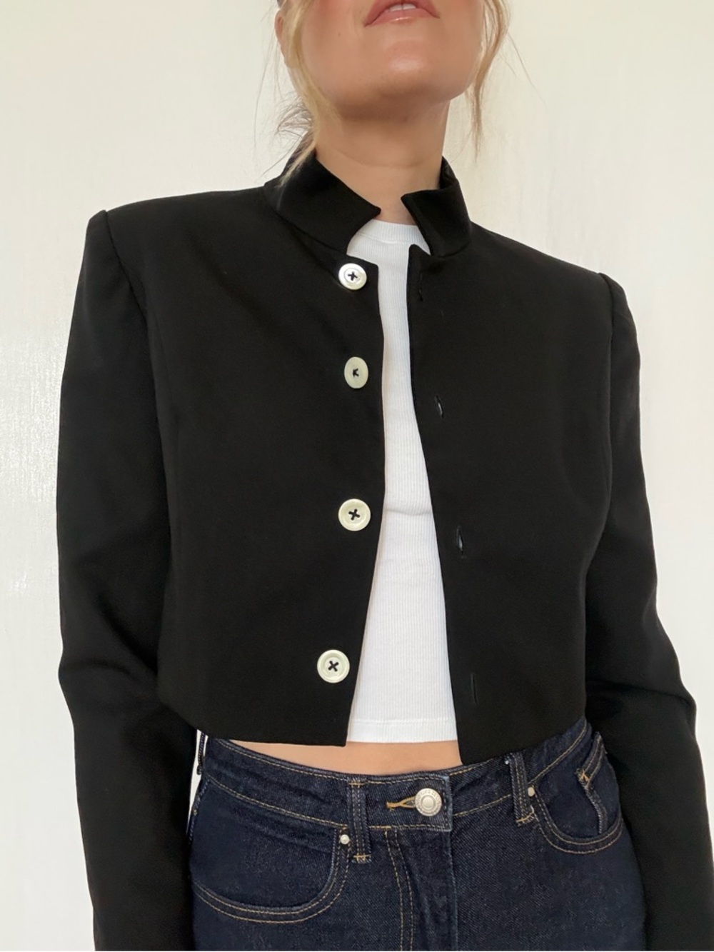Vintage Vali Black Cropped Stand Collar Blazer
